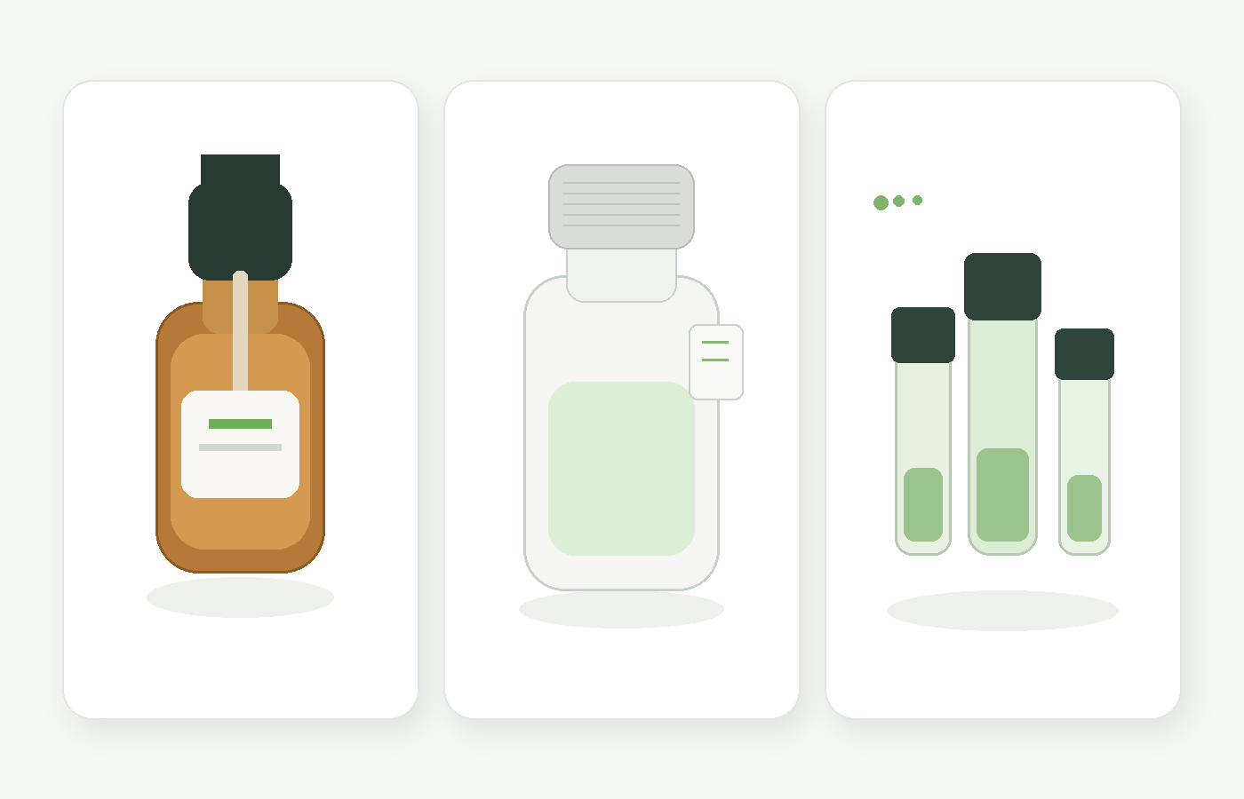 Temporary liquid packaging placeholder showing dropper, measured-dose and project-specific bottle formats