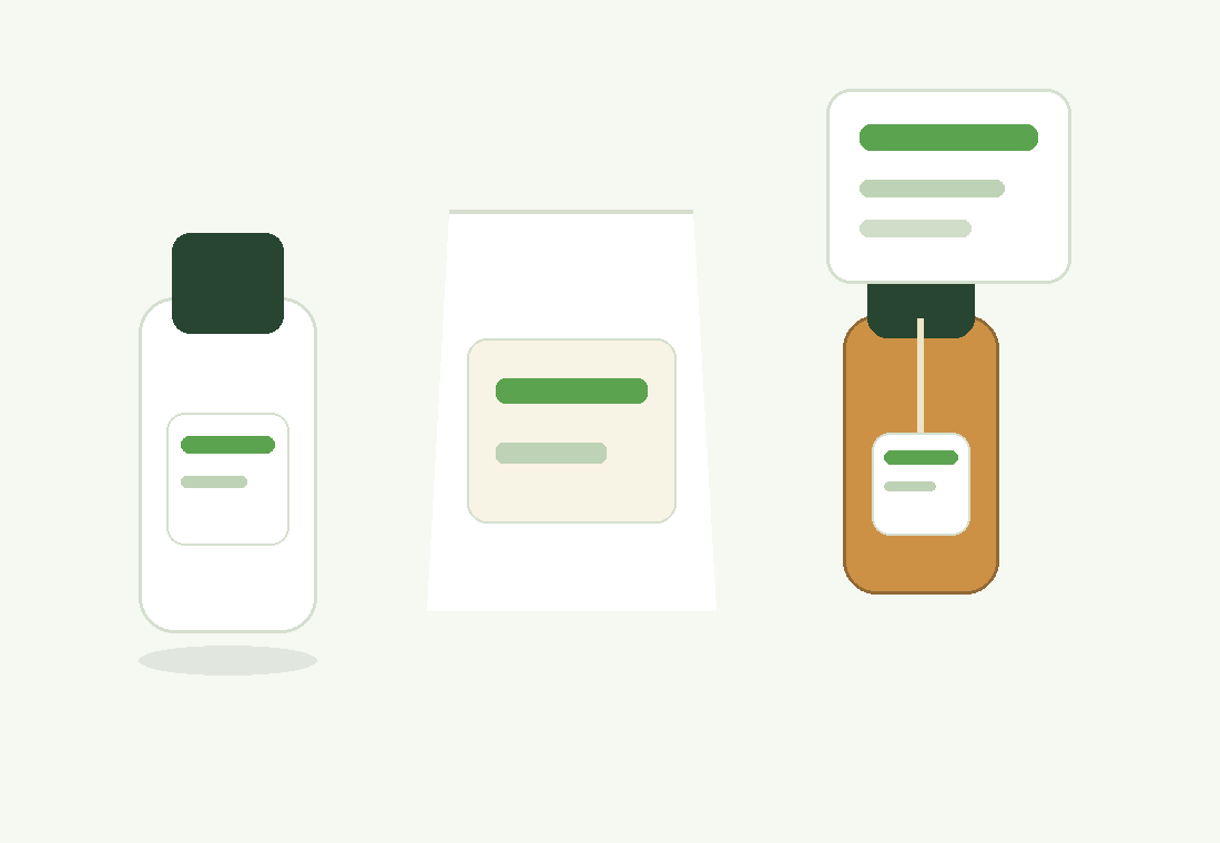 Supplement packaging format placeholder with bottles, pouch and dropper bottle