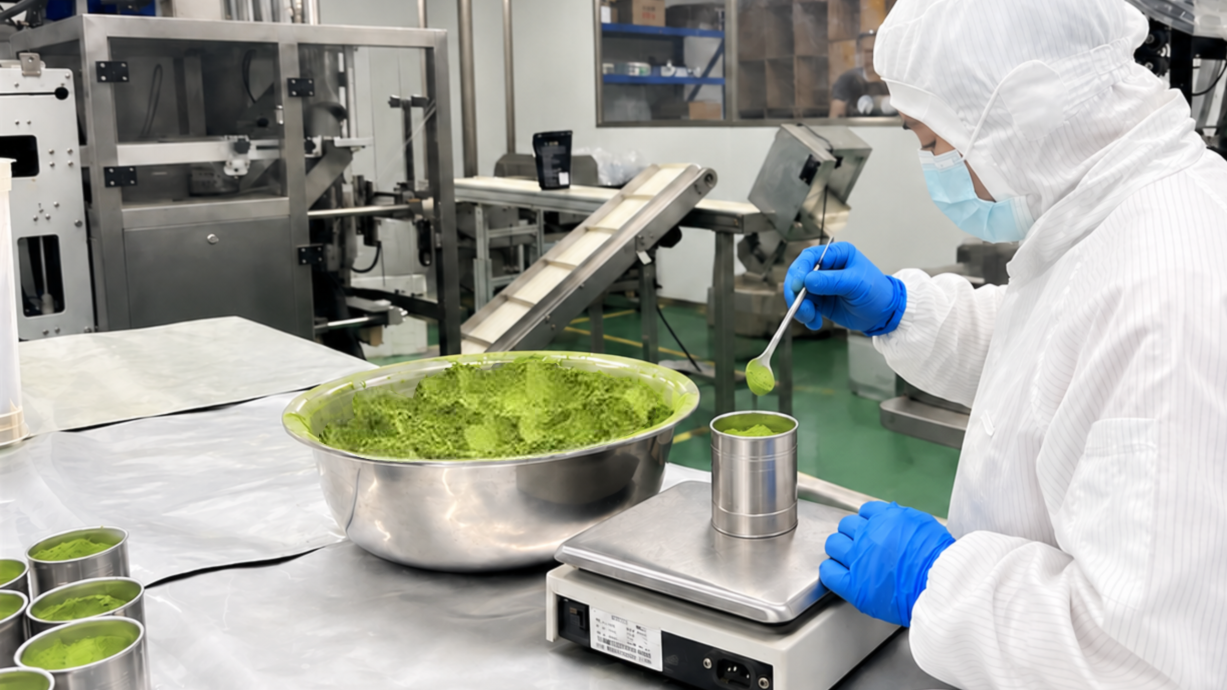 Matcha powder being carefully prepared in a clean production facility