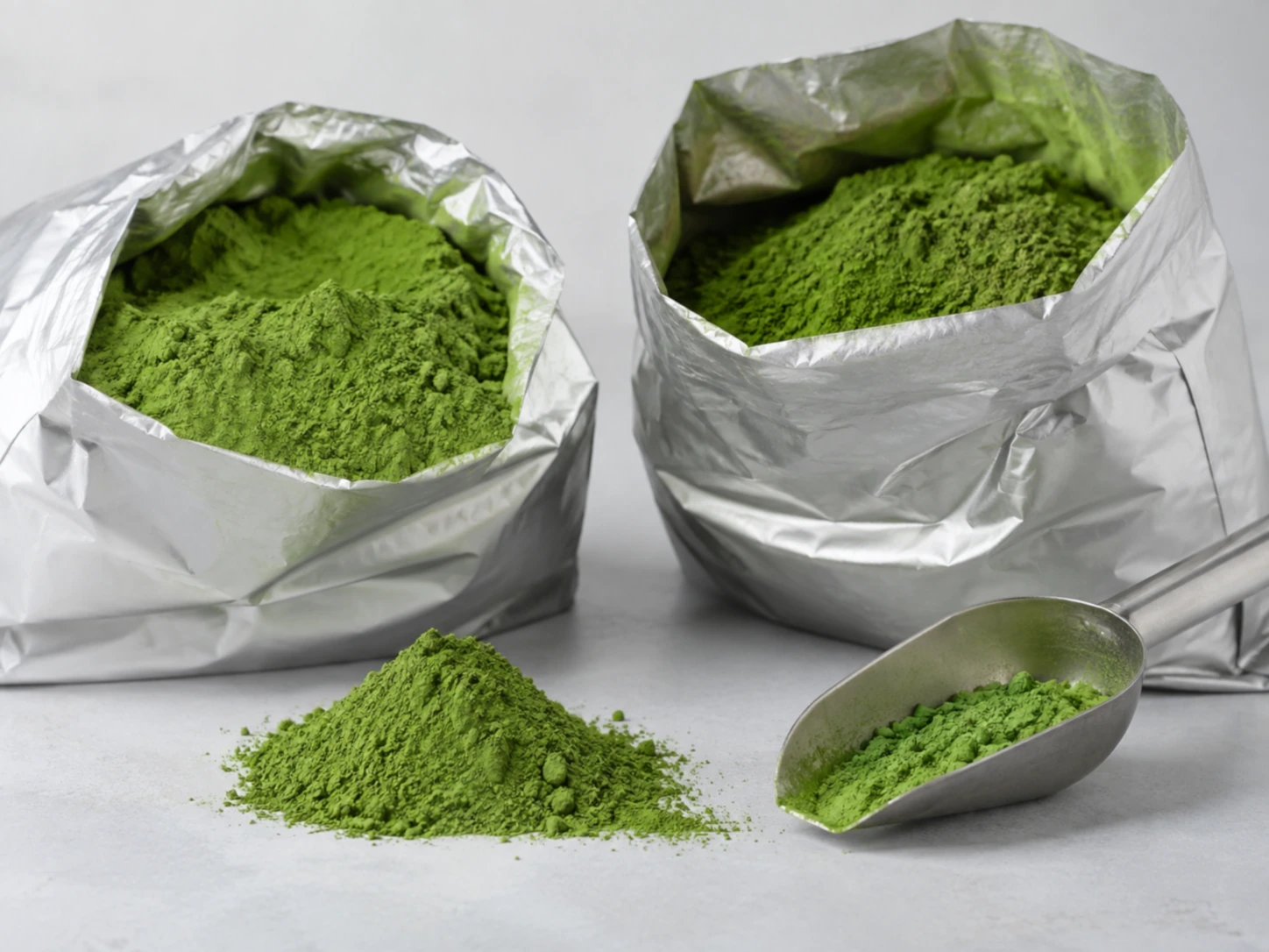 Finished bright green matcha powder with bamboo whisk
