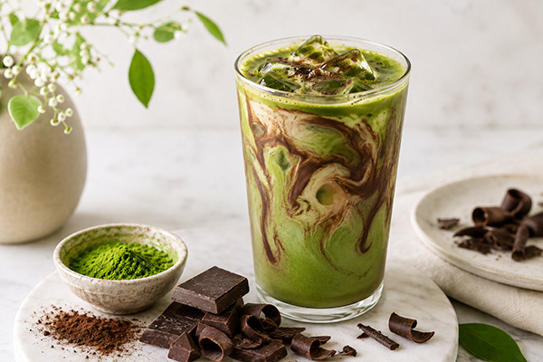 Chocolate flavored matcha drink concept for cafés and retail programs