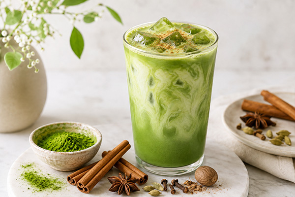 Spiced matcha latte concept with cinnamon and aromatic spices