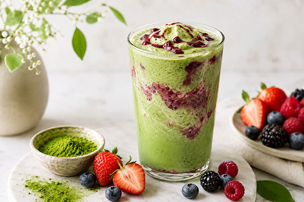 Strawberry flavored matcha drink concept with berries