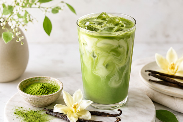 Vanilla flavored matcha drink concept for commercial product development