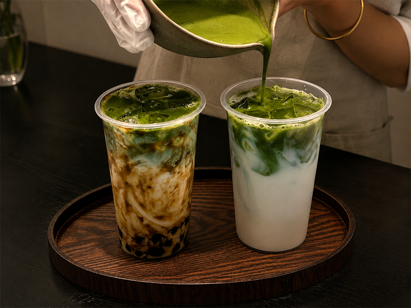 Bubble tea and milk tea beverages prepared with matcha for commercial menus