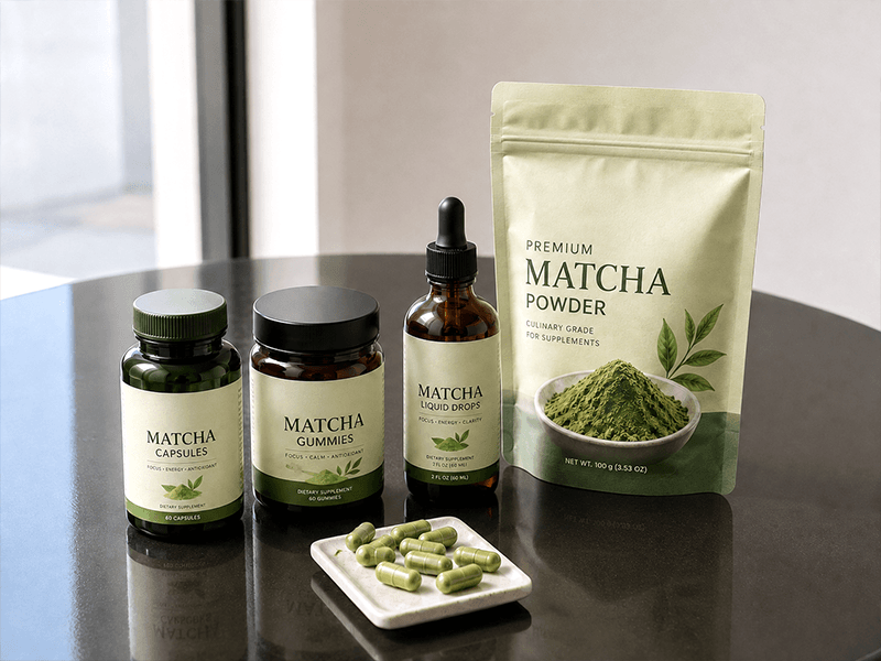 Bulk matcha powder, capsules and laboratory-style supplement product development