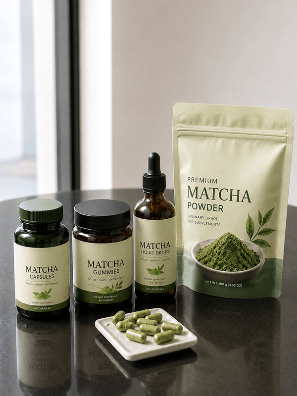 Private-label supplement packaging concepts using matcha as an ingredient