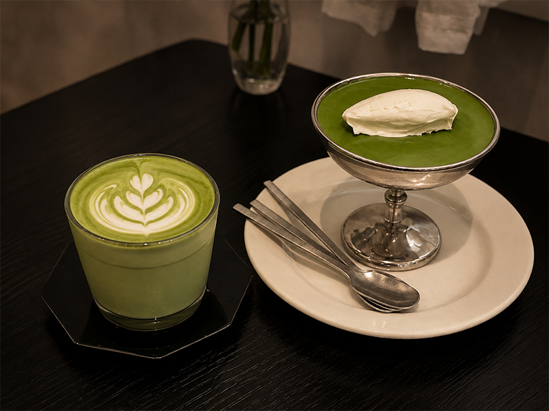 Hot and iced matcha lattes prepared for café beverage applications