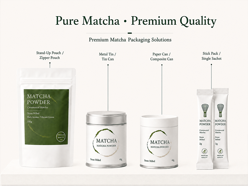 Commercial matcha products, samples and packaging for B2B supply programs