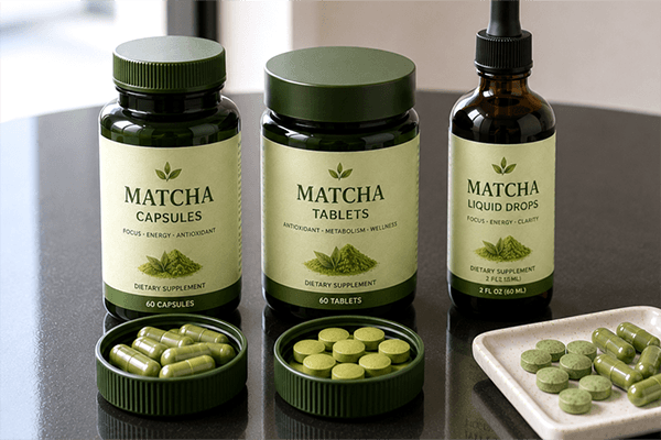 Matcha powder evaluated for capsule and tablet supplement formulations