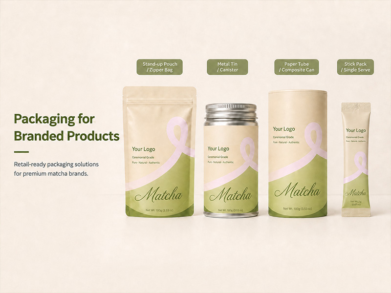 Private label matcha pouches tins jars and retail-ready packaging