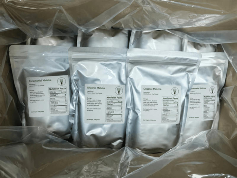 Bulk matcha packaging formats prepared for commercial supply