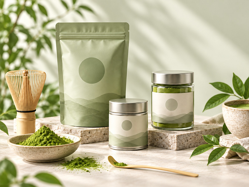 Retail matcha packaging including pouches tins and jars
