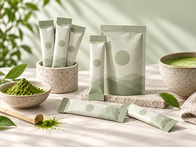 Single-serve matcha sachets and stick-pack packaging formats