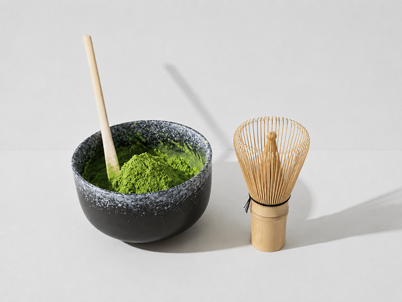 Straight ceremonial matcha preparation with bowl and bamboo whisk